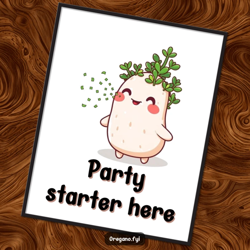 Funny poster artwork of a happy oregano herb joyfully blowing a cascade of tiny green confetti, spreading cheer visually.