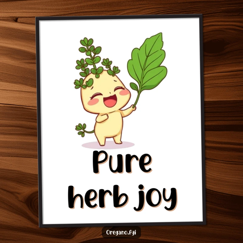 Funny poster featuring a giggling oregano sprig character being playfully tickled by a curry leaf, whimsical and joyful art.