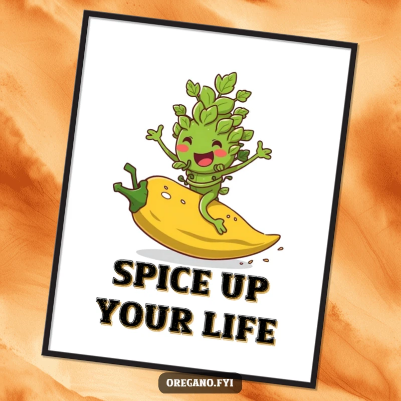 Funny poster featuring an oregano leaf character joyfully riding a rolling red pepper flake, capturing dynamic action and humor.