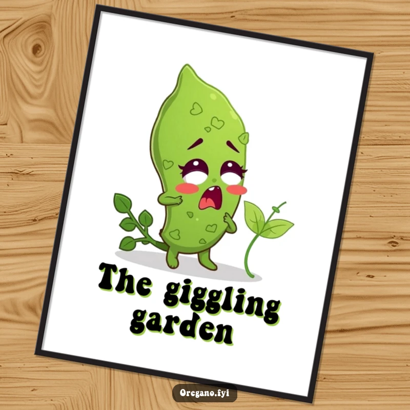 Funny poster capturing an oregano leaf character's exaggerated surprise as it's tickled by a tiny basil leaf.