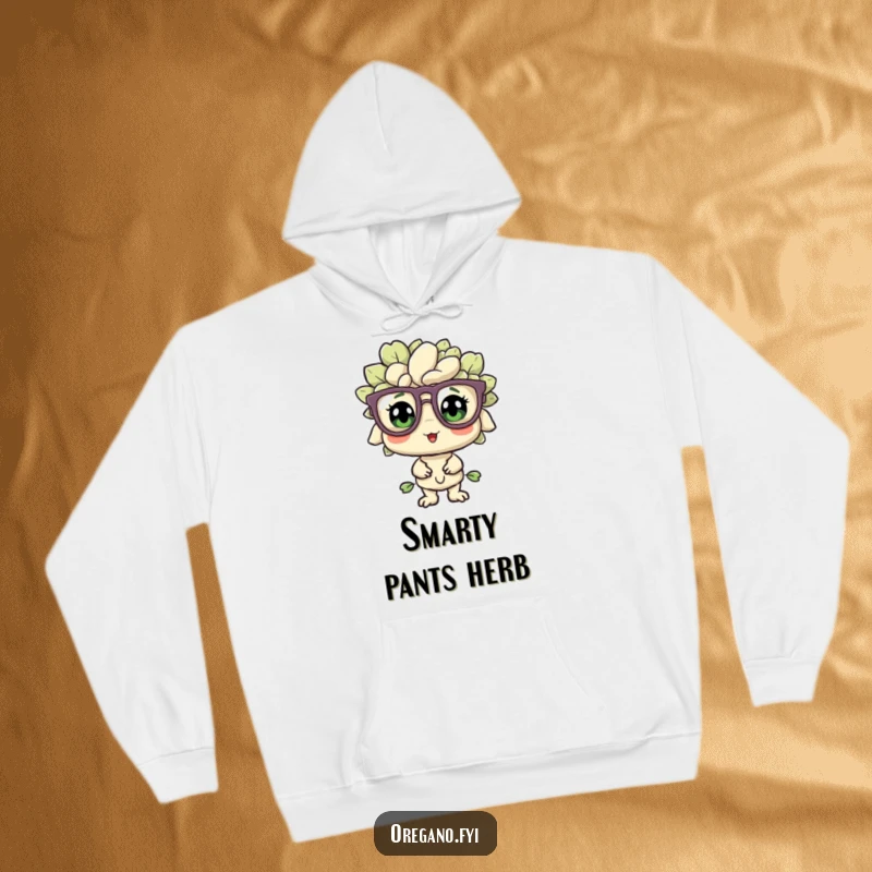 Funny oregano sprig wearing oversized glasses on a cozy hoodie, looking bewildered but pleased, adding warmth and charm.