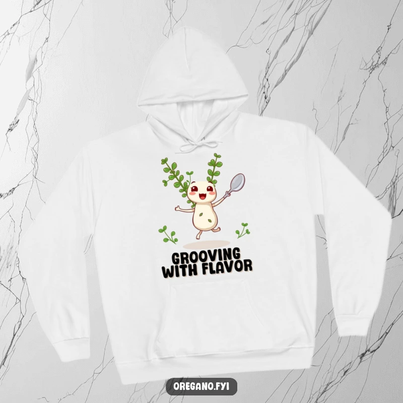 Funny Oregano Hoodie: A happy kawaii oregano sprig dances merrily with a tiny spoon, full of culinary joy.