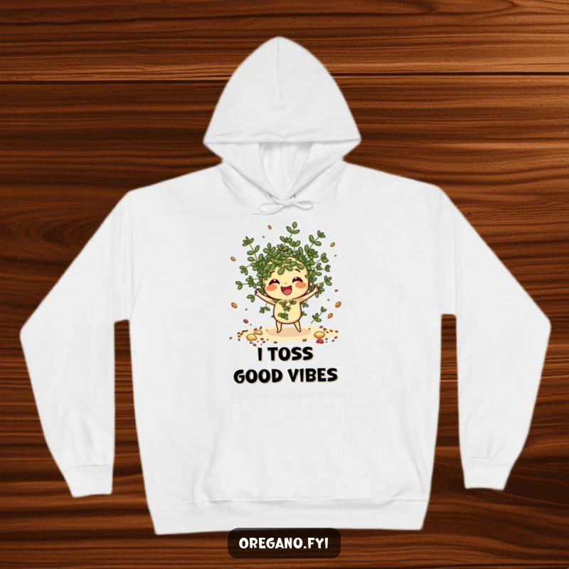 Funny Oregano Hoodie: A happy kawaii oregano sprig gleefully scatters imaginary spices, bringing culinary enchantment.