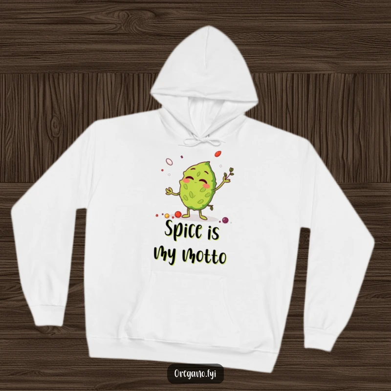 Funny Hoodie featuring a joyful oregano leaf character juggling spices with abandon, perfect for cozy kitchen humor enthusiasts.