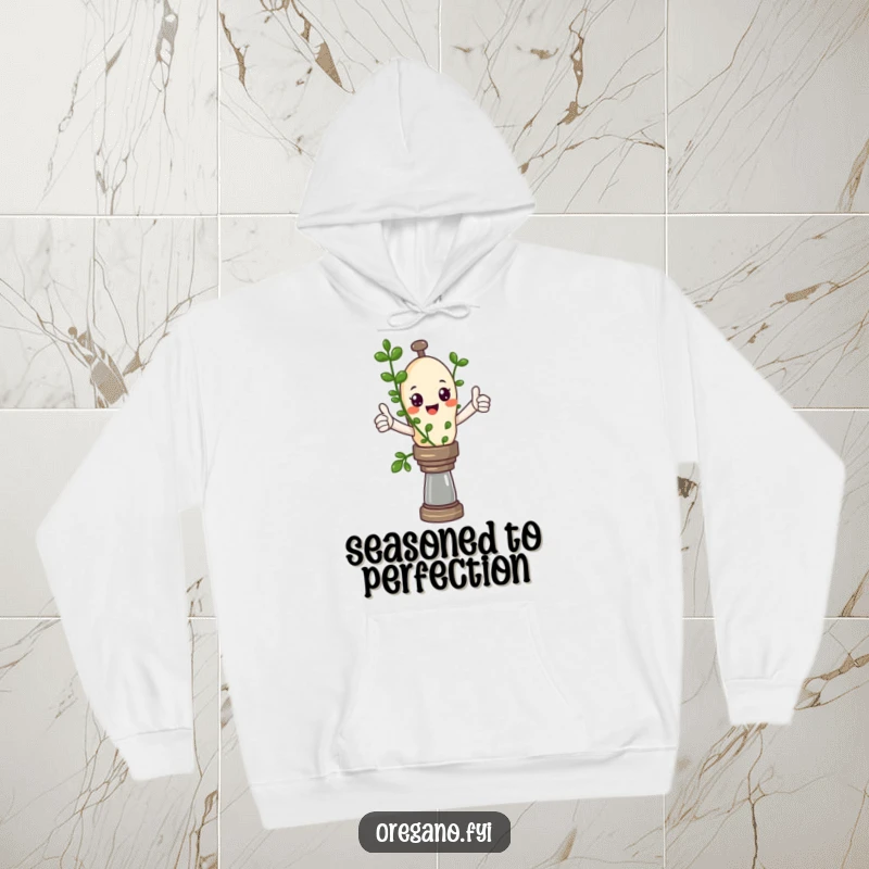 Funny Kawaii oregano sprig giving a thumbs up while balancing on a pepper mill, cozy and humorous hoodie.