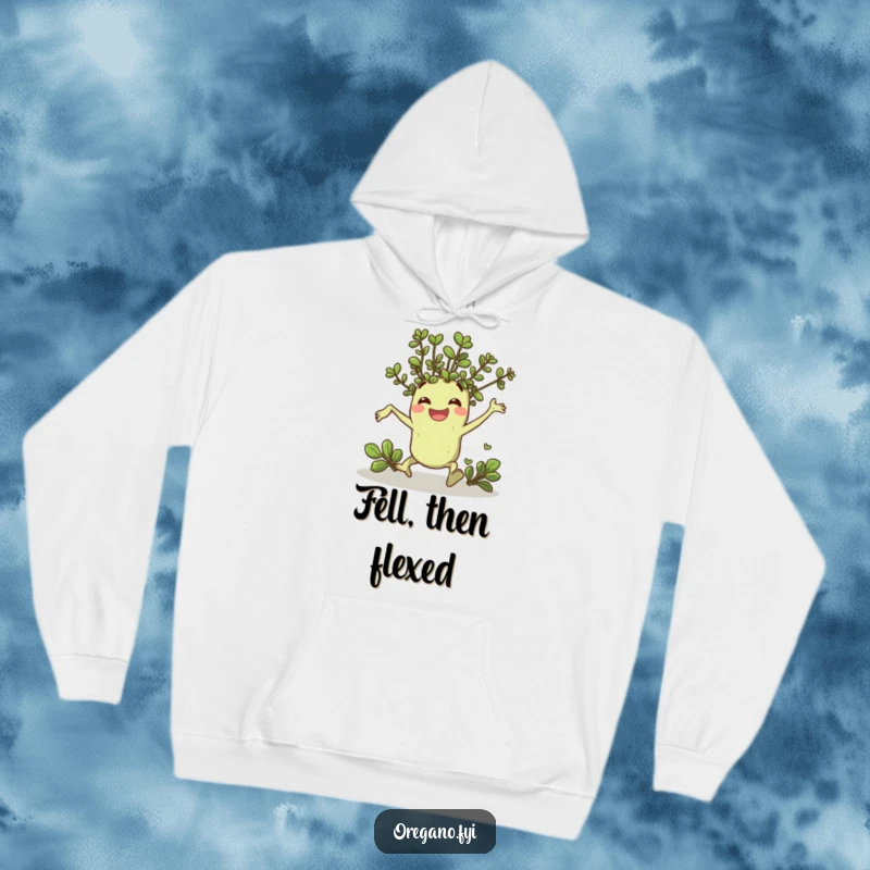 Funny hoodie with a cheerful oregano sprig character comically tripping but landing with a grin, cozy and humorous apparel.