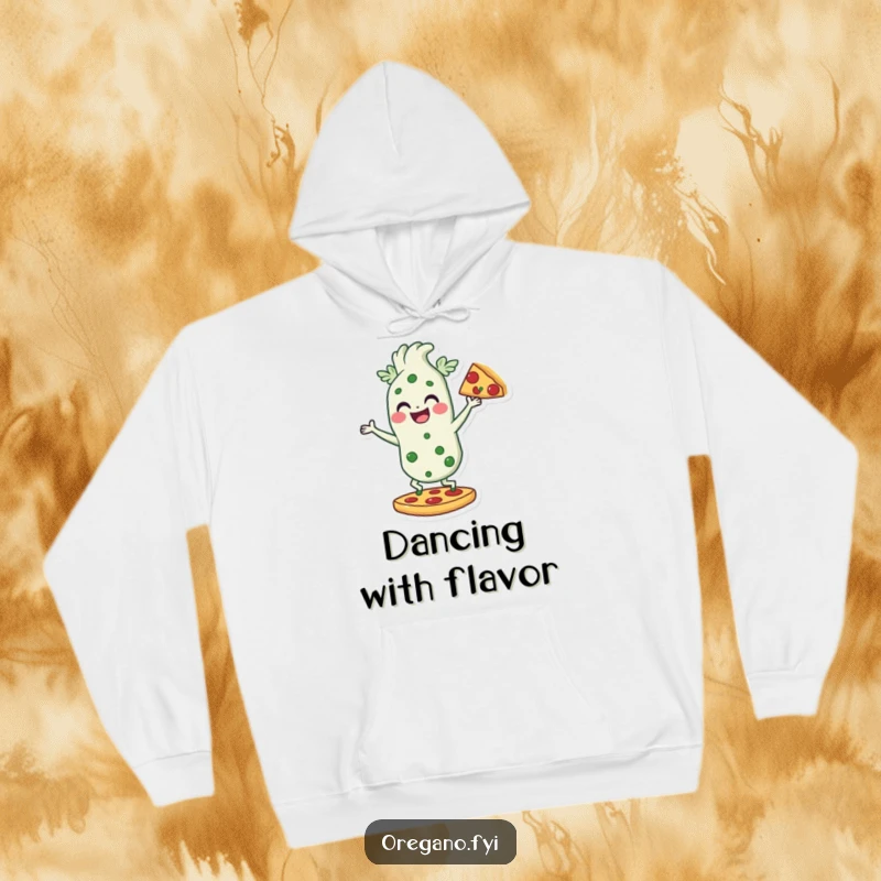 Funny hoodie featuring an oregano character smiling and dancing on a pizza slice, a warm and humorous apparel choice.