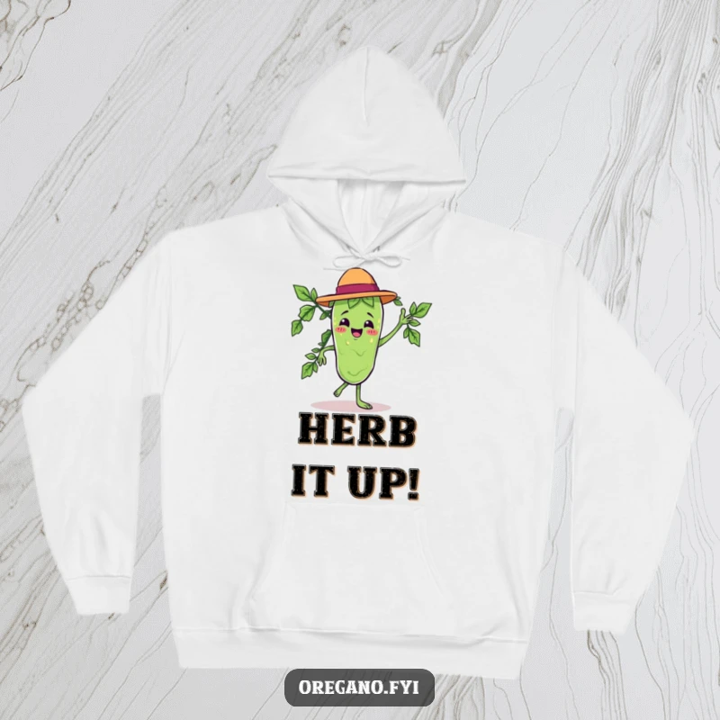 Funny hoodie featuring a Kawaii oregano leaf character dancing salsa, perfect for cozy, energetic, and humorous moments.
