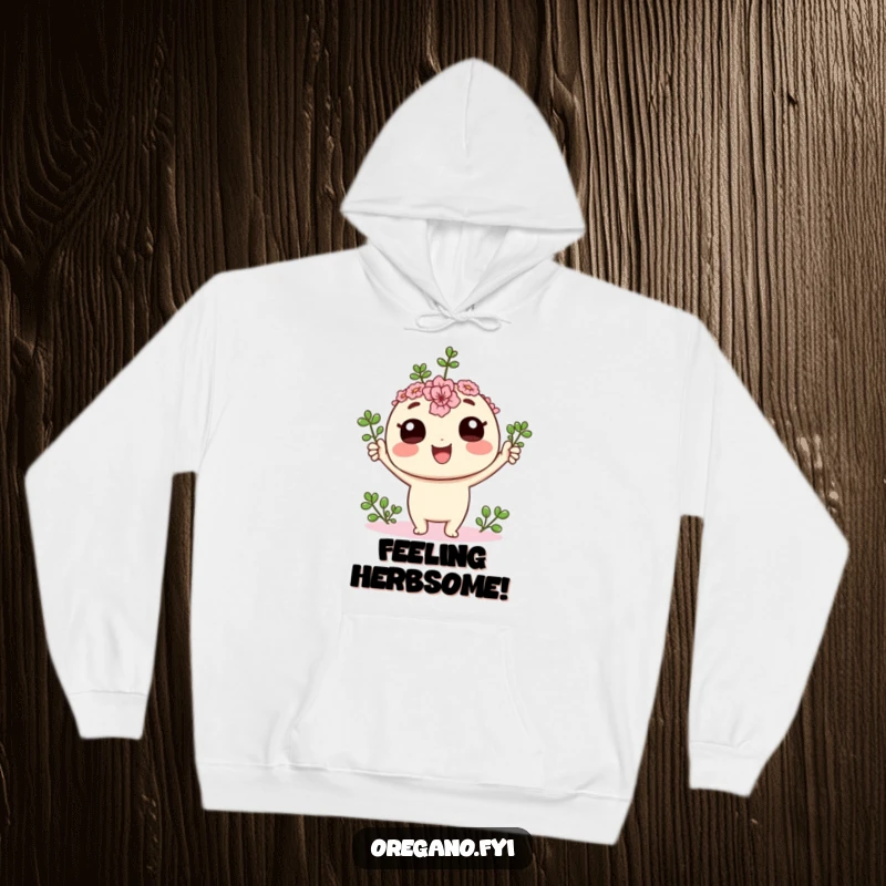 Cozy funny kawaii oregano sprig character cheering with its tiny leaves held high on a warm hoodie, symbolizing triumph.