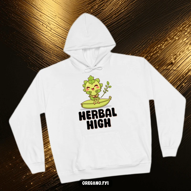 Funny hoodie with a winking oregano leaf character riding a rolling bay leaf, a cozy and humorous culinary-themed apparel.
