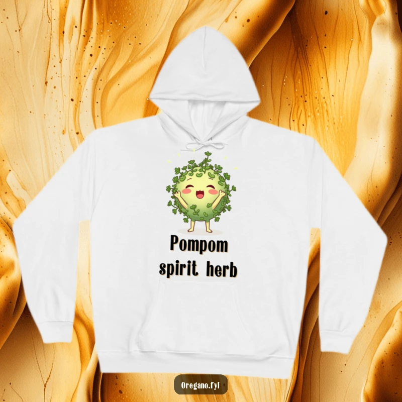 Funny round oregano character hoodie cheering loudly with tiny leaf-like pom-poms, cozy and humorous apparel for spirited individuals.