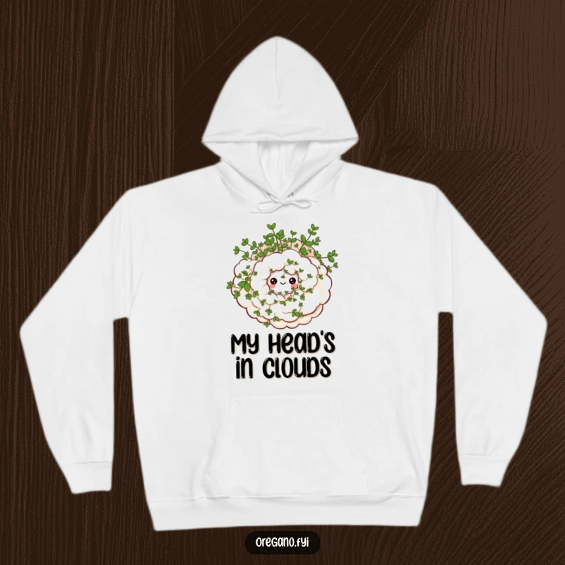 Funny hoodie with a swirling oregano cloud and happy little eyes, offering warmth and whimsical charm. Comfortable and cute.