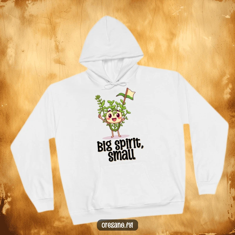 Funny hoodie with a tiny oregano sprig character enthusiastically waving a miniature flag, cozy and spirited apparel.