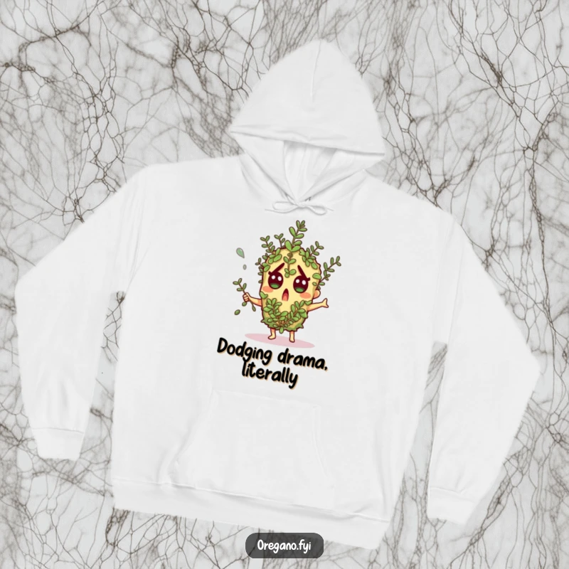 Funny hoodie: A startled oregano character comically dodges a falling herb sprig with a look of pure, hilarious shock.