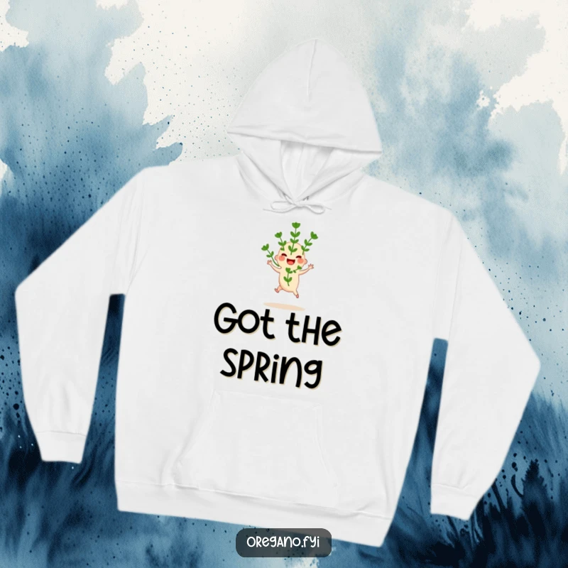 Funny hoodie showcasing a joyful oregano sprig performing a happy hop, offering warmth and herbaceous cheer. Comfortable and fun.