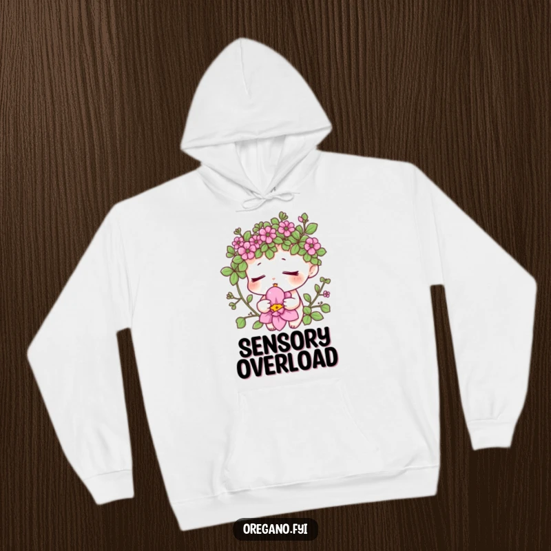 Funny oregano serenity hoodie featuring a relaxed herb character enjoying the scent of a flower with eyes closed. Comforting and humorous outerwear.