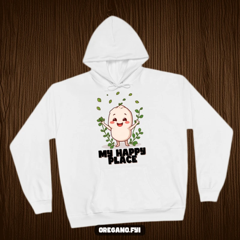 Funny oregano character with a big smile, tossing leaves, on a cozy and cheerful hoodie.