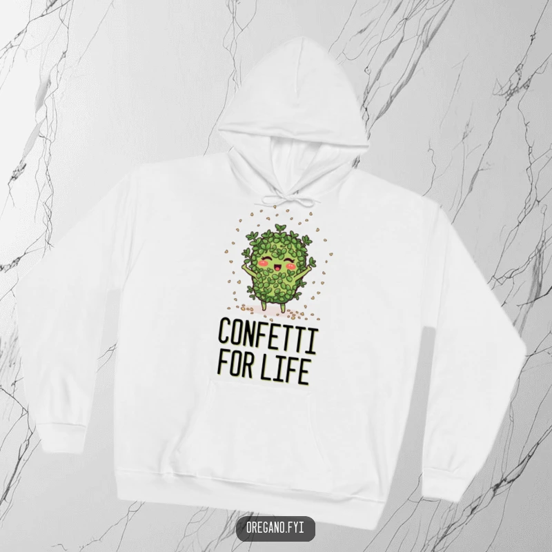 Funny oregano character joyfully scatters seeds like confetti, perfect for cozy, humorous gardening vibes.