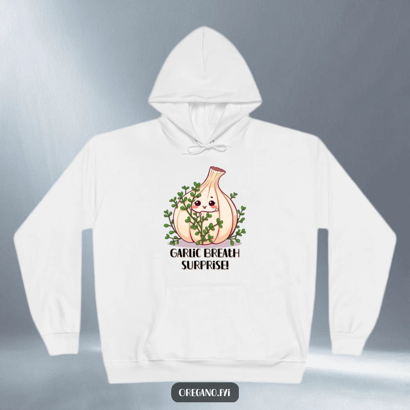 Cozy funny kawaii oregano sprig character playing peek-a-boo from behind a large garlic clove on a warm hoodie, a sweet surprise.