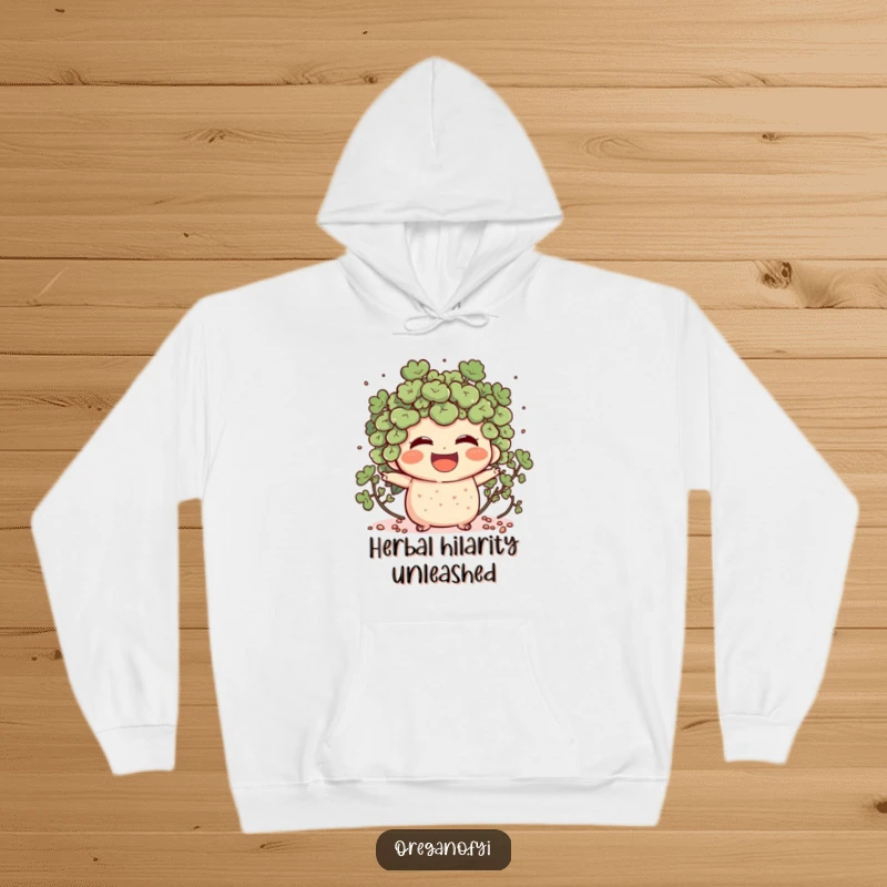 Funny hoodie with an oregano character laughing heartily, with small specks flying outwards to emphasize the mirth.
