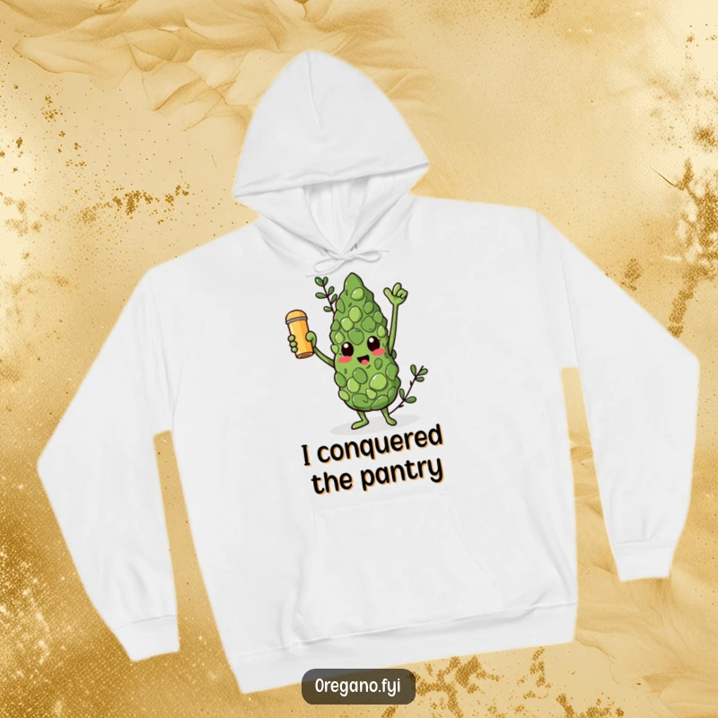 Funny hoodie depicting a triumphant oregano leaf character holding a golden spice shaker aloft, offering cozy celebration.