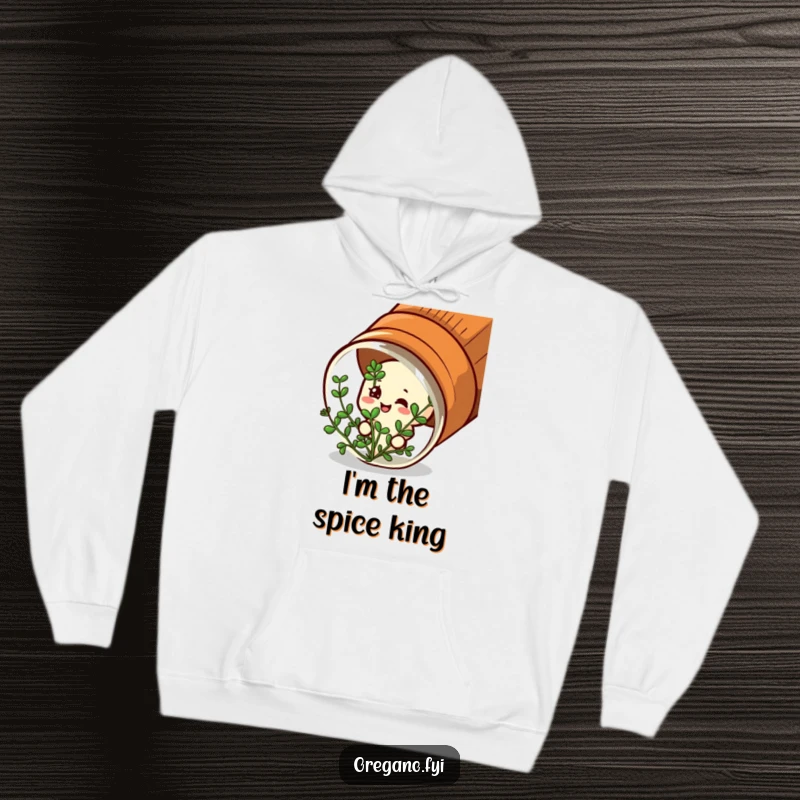 Funny hoodie: A satisfied oregano character peeps contentedly from a spice jar, radiating inner peace.