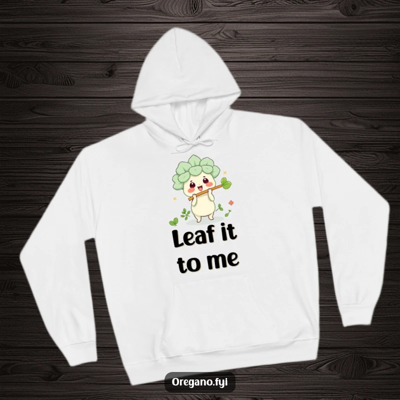 Funny kawaii oregano character playing a leaf flute on a cozy hoodie, radiating musical cheer and warmth.