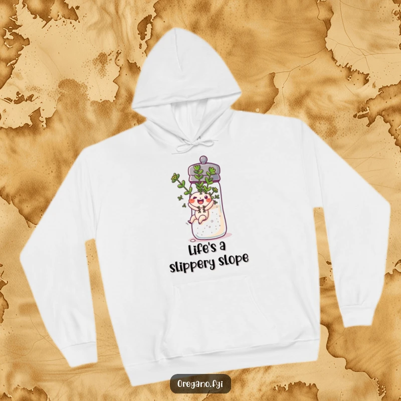 Funny oregano sprig sliding down a salt shaker on a cozy hoodie, radiating warmth and adventurous fun.