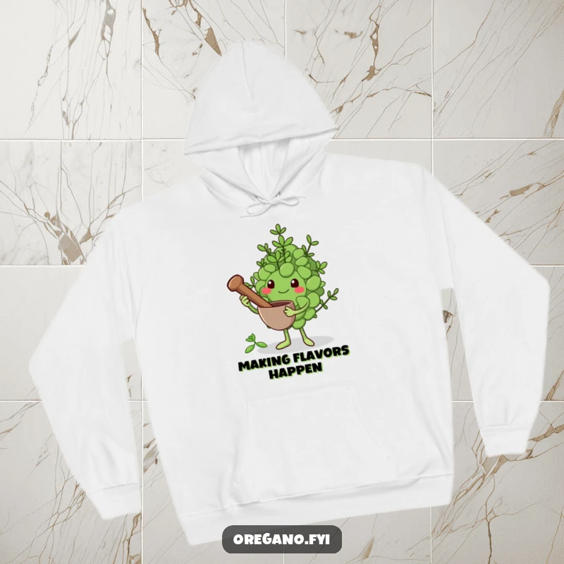 Funny hoodie print: An oregano leaf character grips a tiny mortar and pestle, ready to grind herbs, embodying a humorous preparation scene.