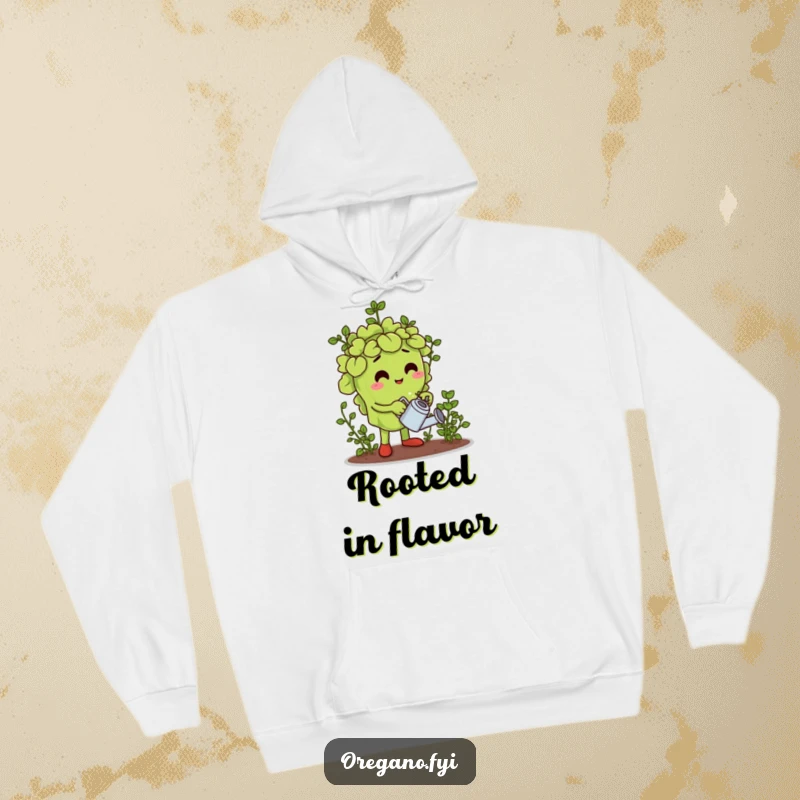 Funny hoodie showing a contented oregano leaf character carefully watering tiny plants in a miniature herb garden, radiating peace.