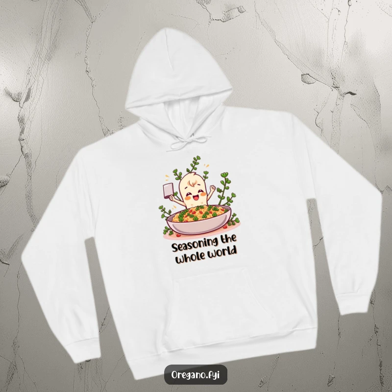 Funny Oregano hoodie, a cheerful herb character excitedly seasoning a huge meal, embodying culinary enthusiasm and playful cooking. Perfect for gift-givers.