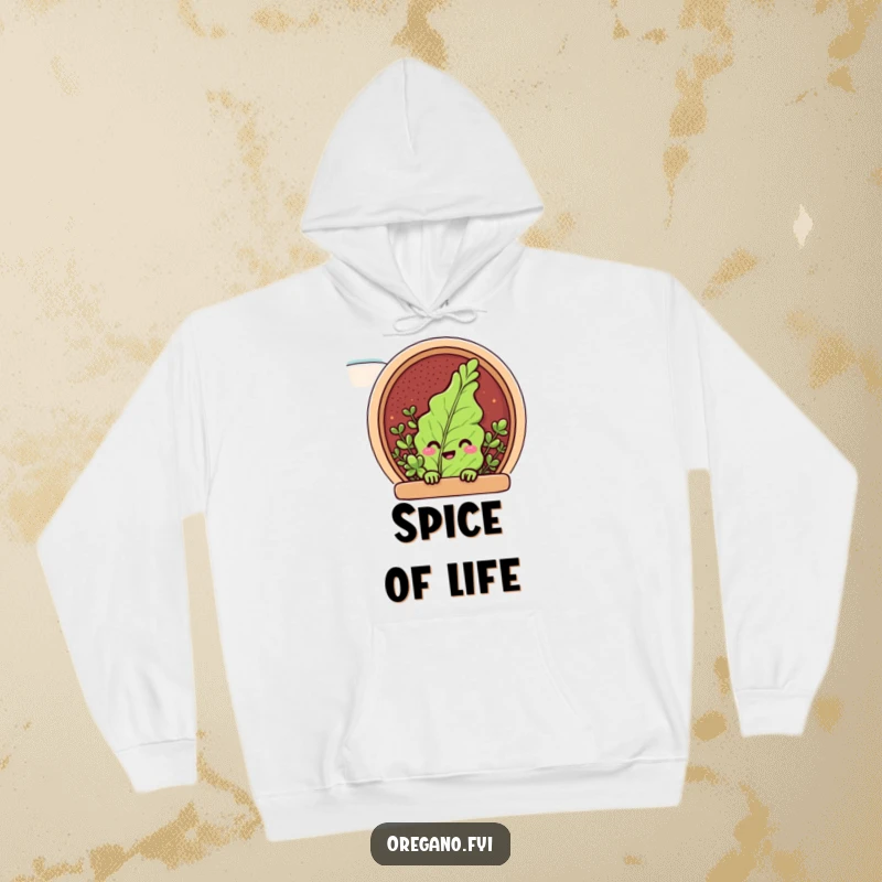 Funny hoodie with a cheerful oregano leaf character peeking from a spice rack, a cozy and humorous apparel piece.