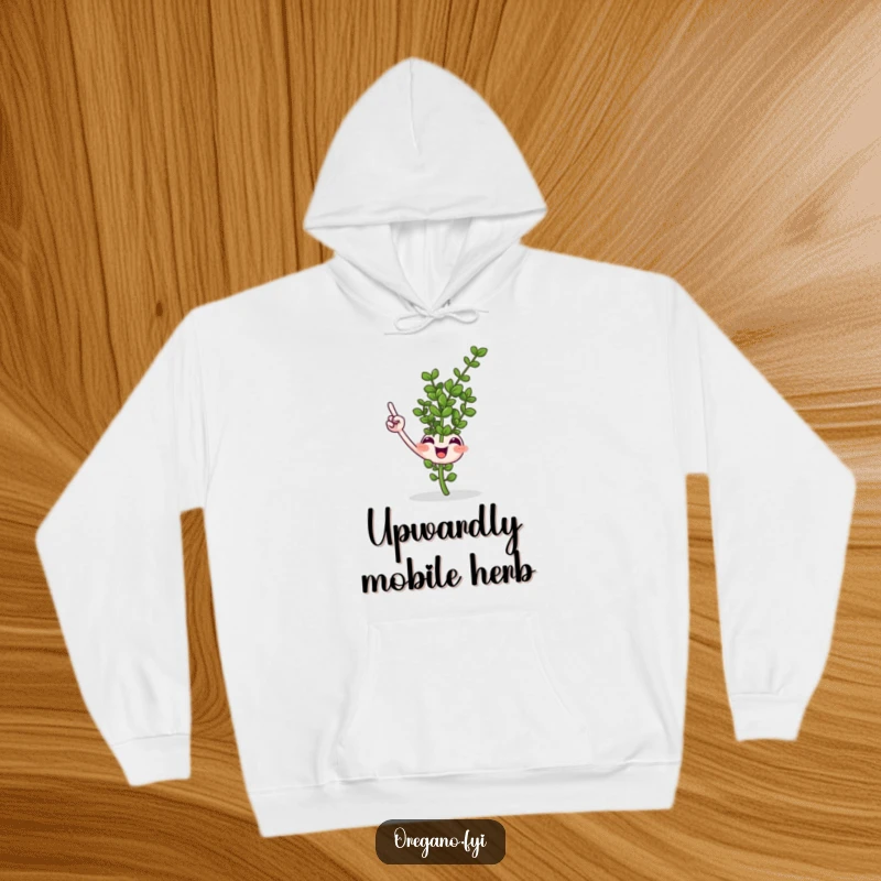 Funny smiling oregano sprig hoodie pointing upwards with a tiny leaf, cozy and humorous apparel for culinary adventurers.