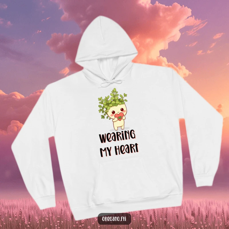 Funny Kawaii oregano sprig character holding a tiny heart made of leaves, warm hoodie design with natural and loving theme, comfortable wear.