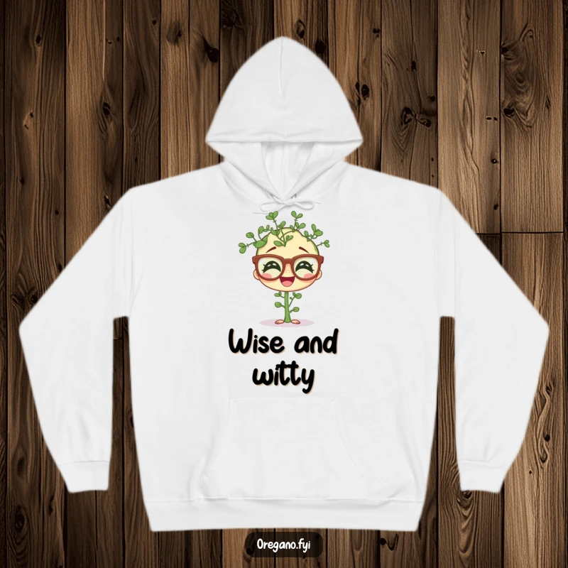 Funny hoodie featuring a giggling oregano sprig wearing comical oversized spectacles, providing warmth and humorous herb-inspired wit.