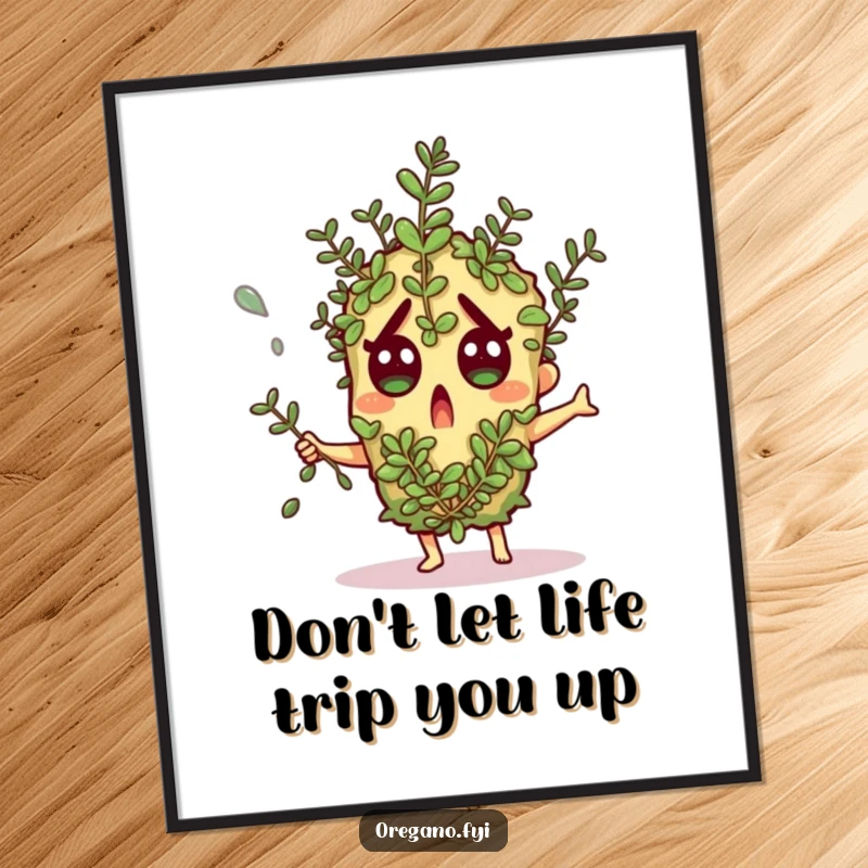 Funny Free Printable Wall Art: Surprised oregano character gasping, dodging a sprig of falling herbs. Whimsical kitchen decor.
