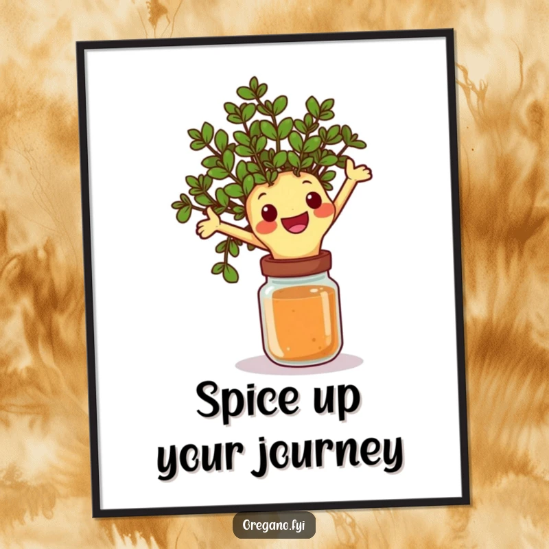 Funny free printable wall art of a happy oregano sprig joyfully leaping over a spice jar, adding active humor.
