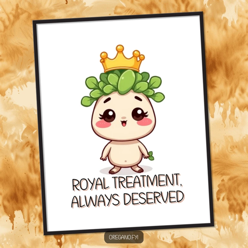 Funny free printable wall art of a majestic oregano sprig wearing a tiny crown, looking hilariously regal and stately.