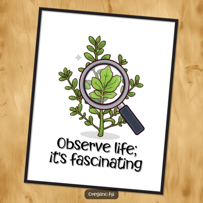 Funny Free Printable Wall Art: An oregano sprig with a magnifying glass, closely inspecting a single leaf, adding whimsical decor.