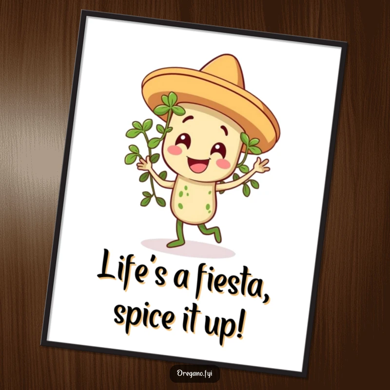 Funny Free Printable Wall Art: A smiling oregano sprig wearing a tiny sombrero, dancing energetically, adding humor to decor.