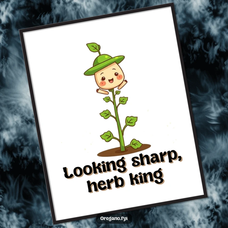 Funny Free Printable Wall Art showcasing a cheerful oregano elegantly sporting a tiny leaf hat, a statement of botanical style.