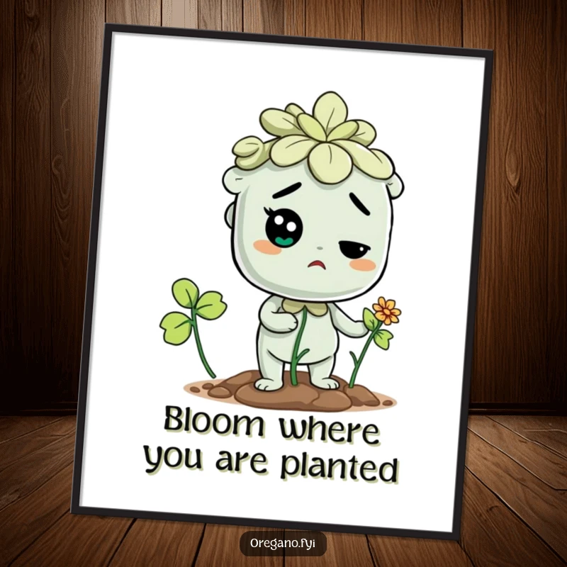 Funny Free Printable wall art showing a determined oregano character focused on sprouting a tiny flower, symbolizing perseverance and growth.