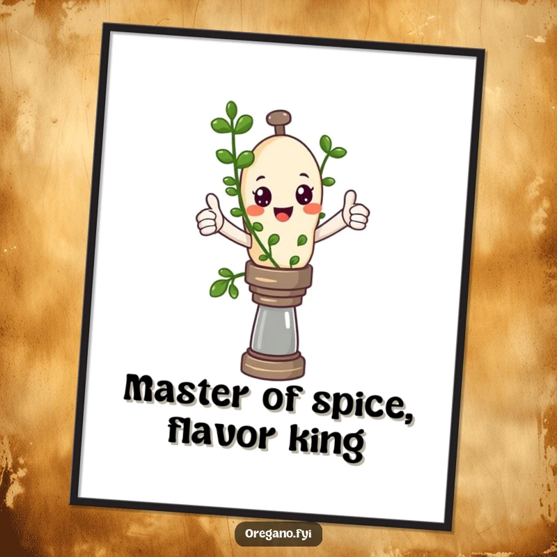 Funny Free Printable Wall Art: Kawaii oregano sprig humorously balancing on a pepper mill, art print.