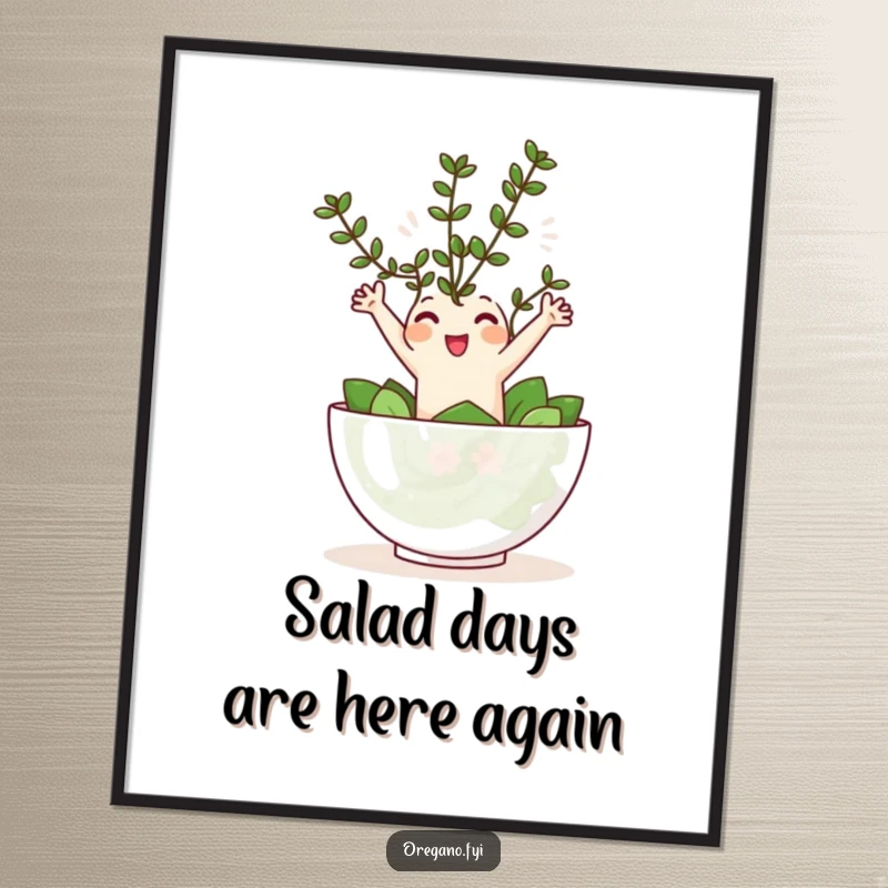 Funny Free Printable Wall Art: Kawaii oregano sprig humorously leaping into a tiny salad bowl, art print.