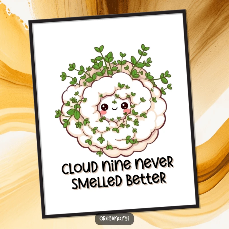 Funny Free Printable Wall Art showing a swirling cloud of oregano with small, happy eyes, a humorous and charming decoration.