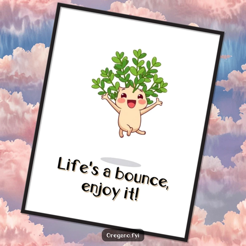 Funny Free Printable Wall Art: A happy oregano sprig jumping exuberantly on a bouncy leaf, adding fun decor.