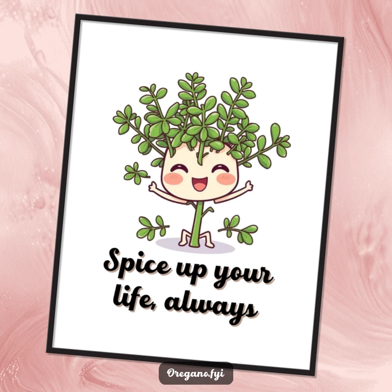 Funny Free Printable wall art featuring a cheerful oregano sprig character wiggling its tiny leaves happily, adding a playful touch to decor.
