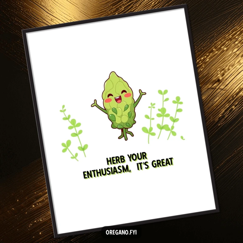 Funny Free Printable Wall Art of a kawaii oregano leaf character doing a lively, happy dance with its tiny arms.