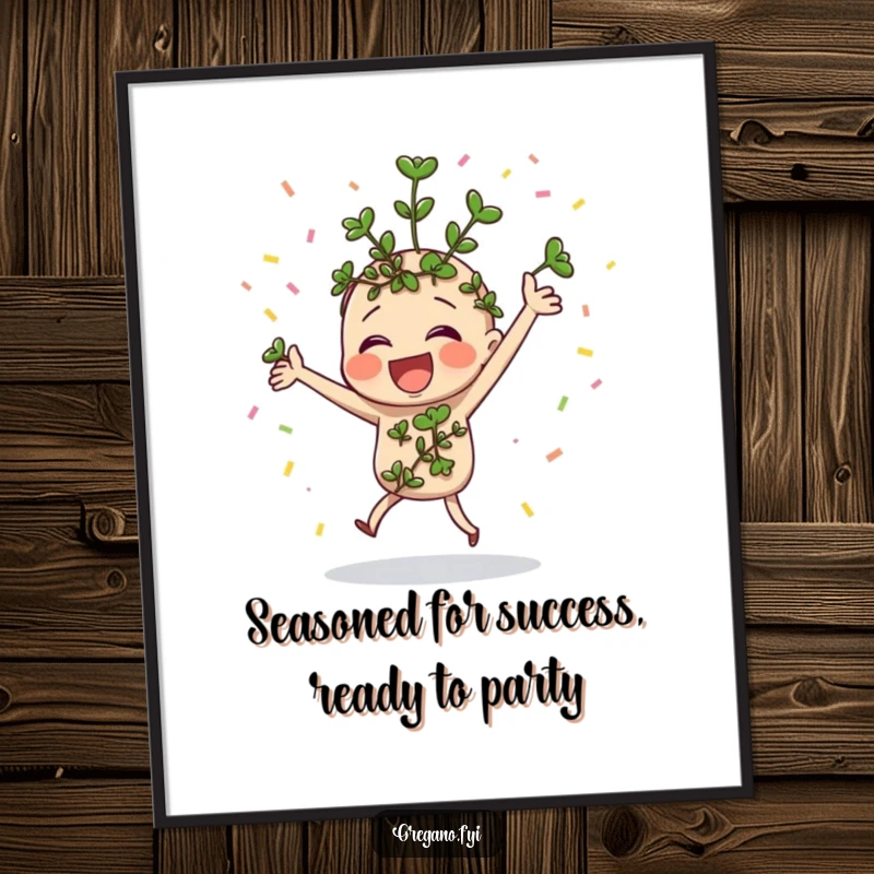 Festive Free Printable Wall Art: A joyful oregano sprig character dancing enthusiastically, surrounded by a cascade of confetti.