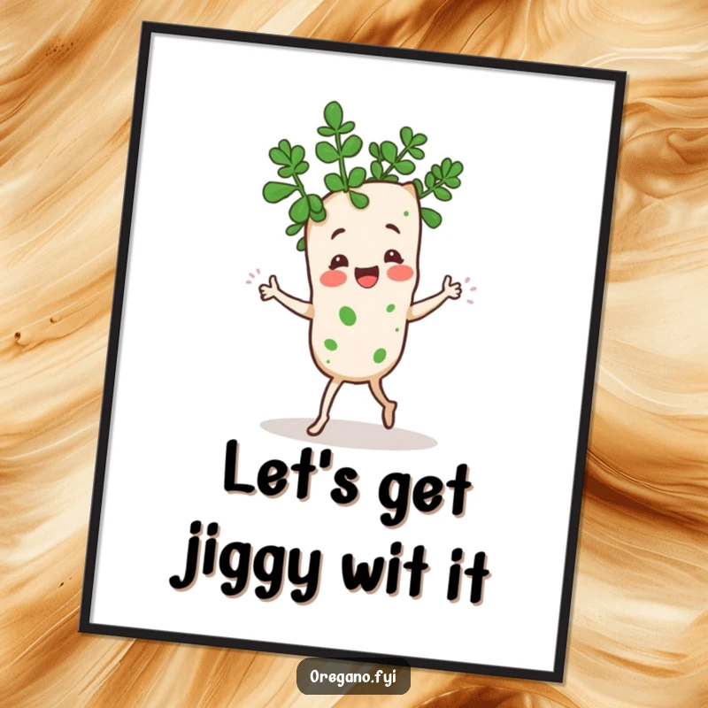 Funny Free Printable Wall Art: A Kawaii oregano sprig is pictured mid-dance, leaves doing a goofy jig.